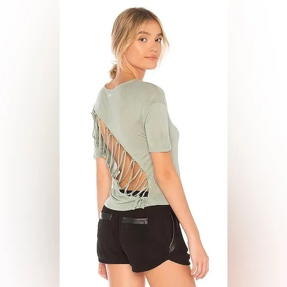 Alo Yoga Entwine Lace Back Short Sleeve Top in Sage Green OS - Image 2