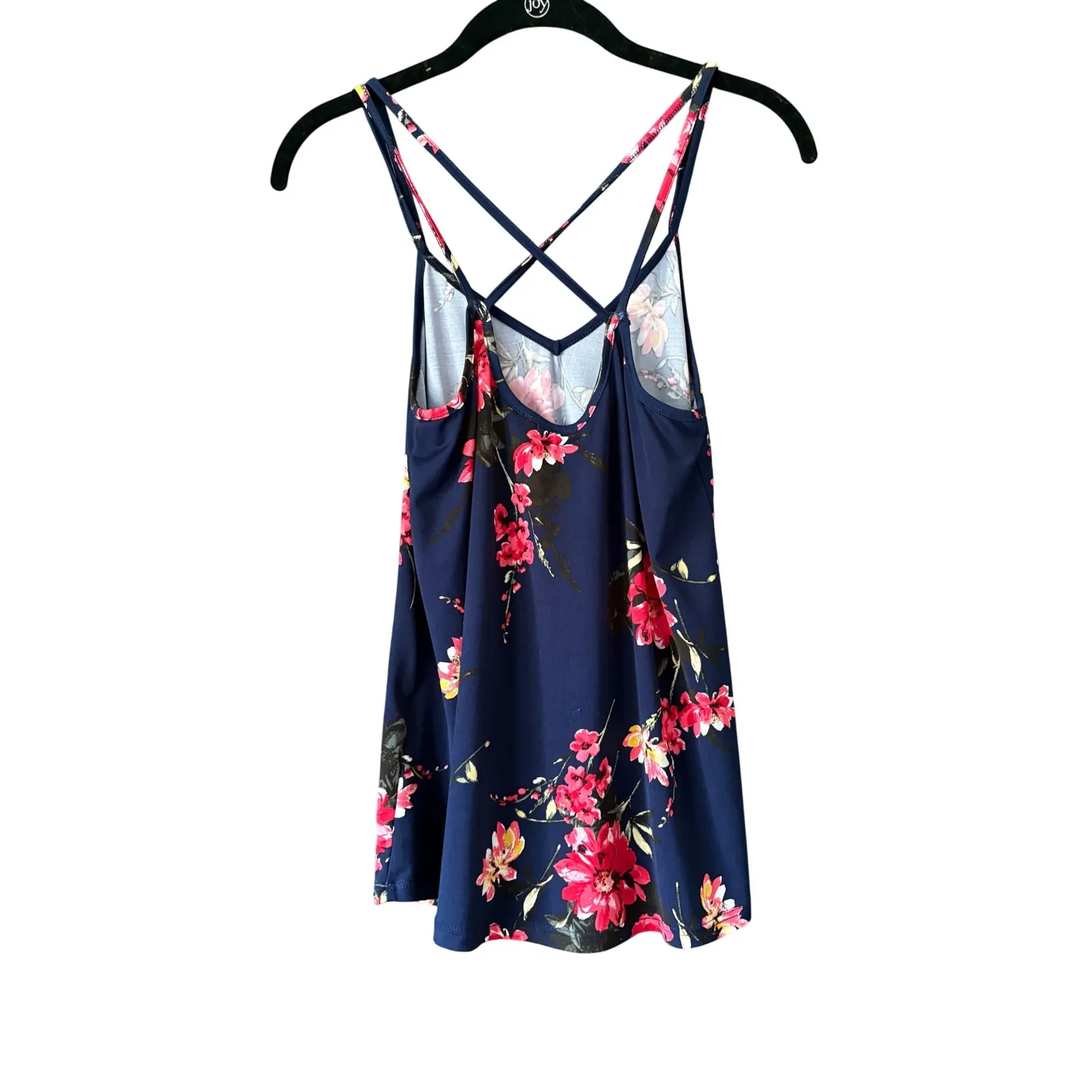 Floral Cami Top‎ Navy Blue Pink Sleeveless Criss Cross Back Casual Tank - Image 2