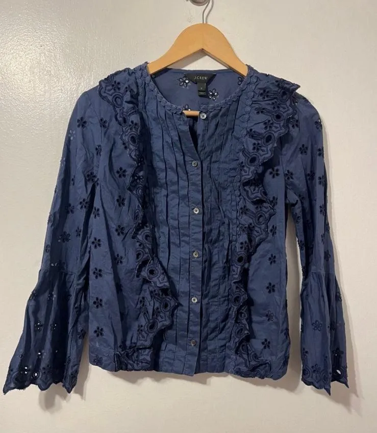 J CREW Eyelet Ruffle Button Down Top Bell Sleeve Size 0 - Image 2