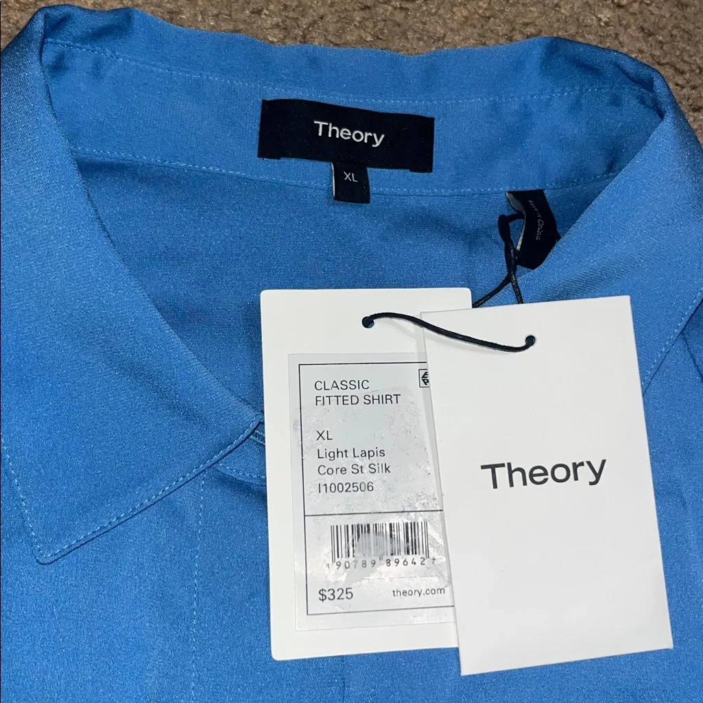 Theory Classic Fitted Core Stretch Silk Long Sleeve Shirt Blouse Light Lapis XL‎ - Image 11