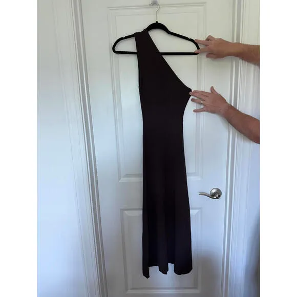 Ribbed Knit One Shoulder Bodycon Midi Dress Party Cocktail Brown‎ Size M Brown Size M - Image 3