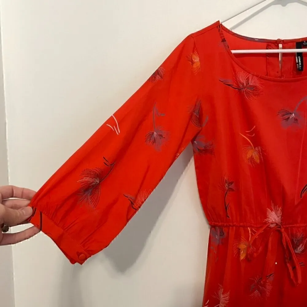 O'NEILL PACSUN Jules Shift Dress Red ish Floral 3/4 Sleeve Tie Waist Button Back - Image 5