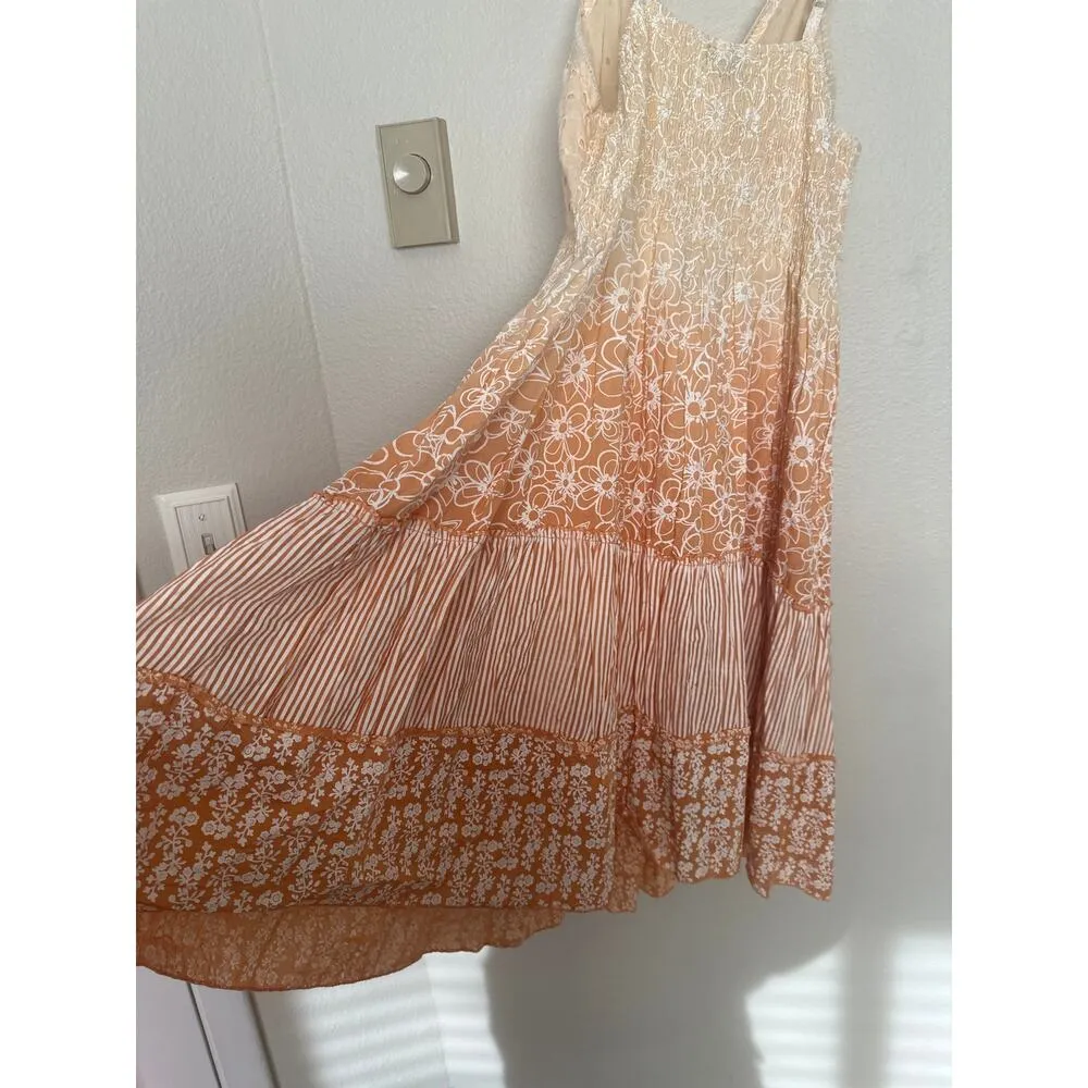Patchwork Cotton Small Butter Yellow Orange Floral Sundress Vneck Eyelet Lace - Image 5