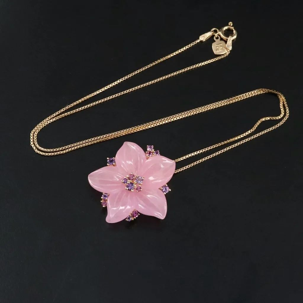 VINTAGE PINK QUARTZITE & AMETHYST GOLD TONE STERLING SILVER 925 PENDANT - Image 2