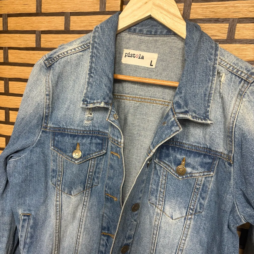 Pistola Distressed Denim Jacket Size Large - Image 3