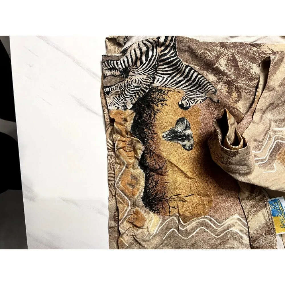 Vintage Art to Wear Zebra Safari Print Dress Petite Large Elephant Midi 90s Brown - Image 5