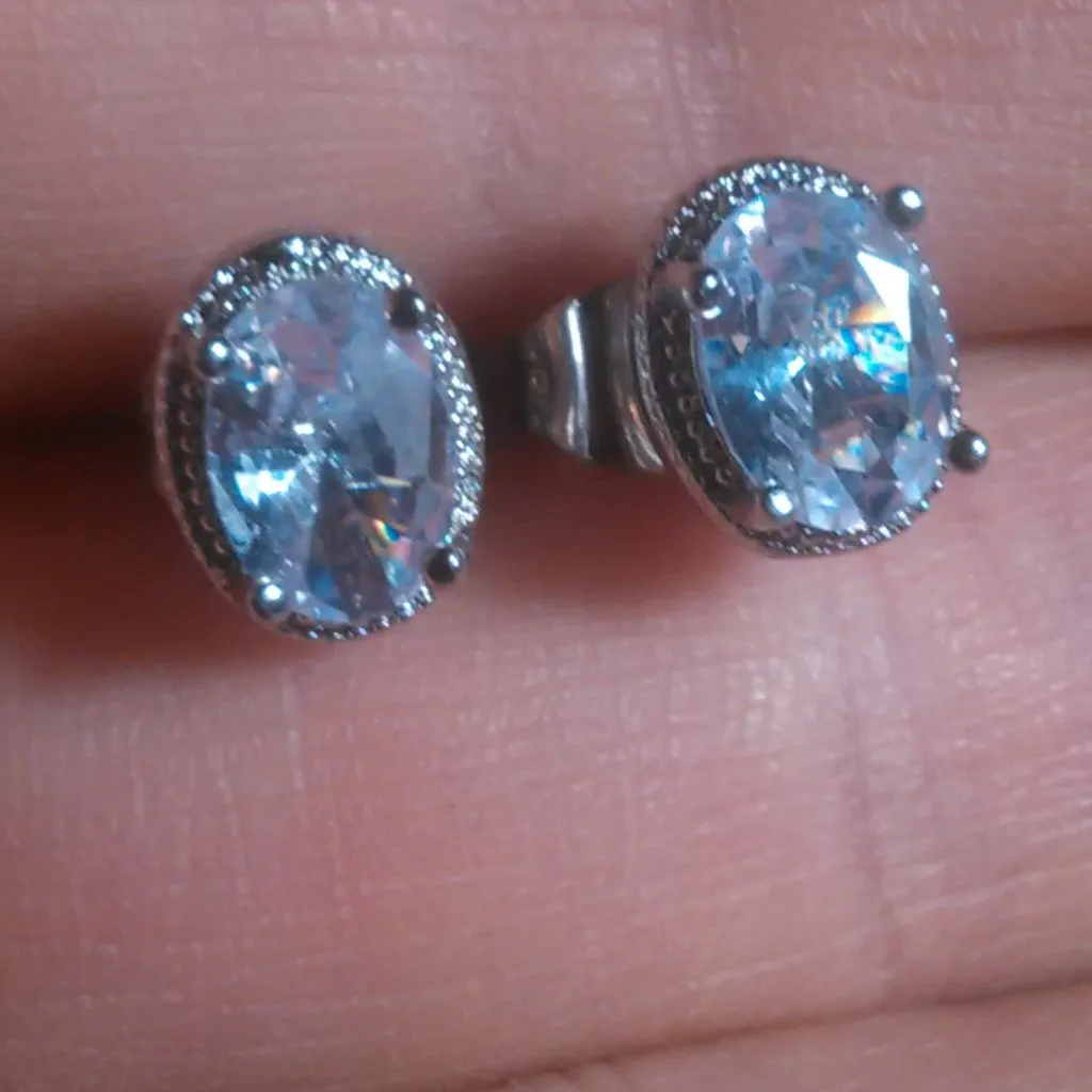 Simulated Blue and White Diamond Silvertone Brass Stud Earrings - Image 2