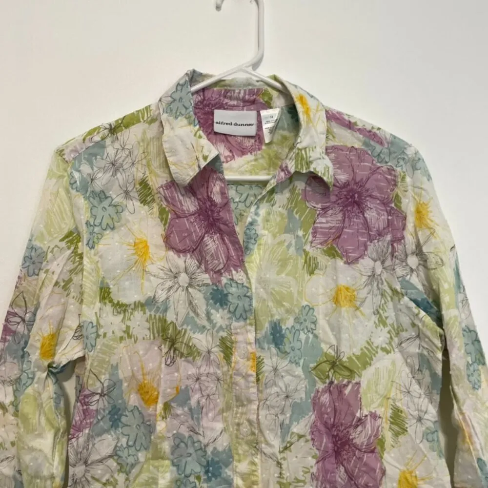 ALFRED DUNNER White Green Purple Floral Swiss Dot 3/4 Sleeve Cotton Button Down - Image 2