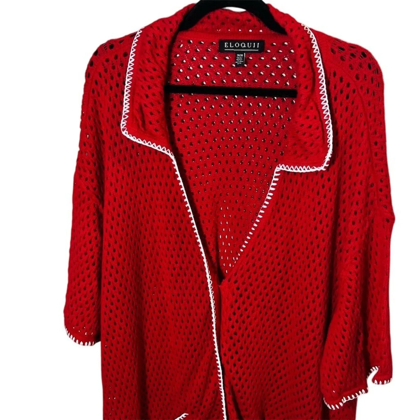 ELOQUII Women's Plus Size Red Crochet Cardigan 26 3/4 Sleeve - Image 4