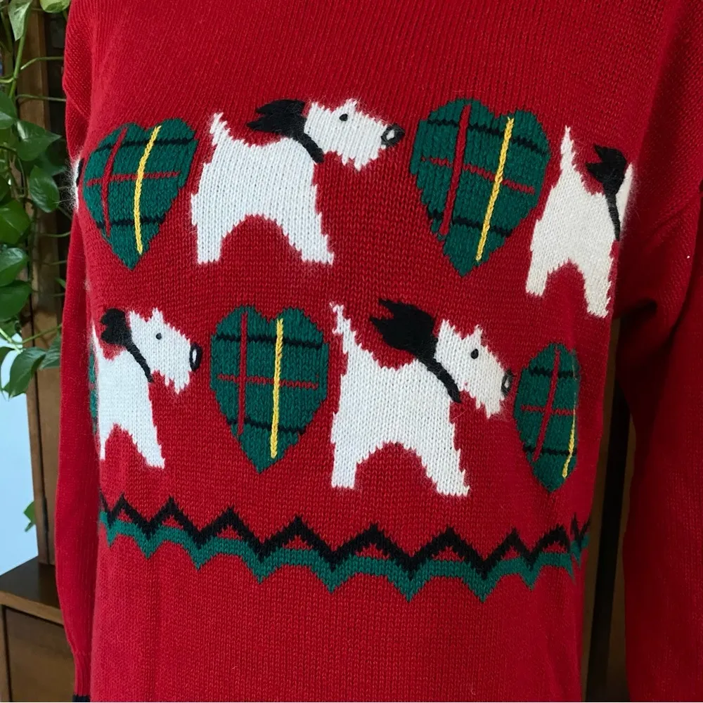 Vintage 90’s Bryn Conney Scottie Dog & Plaid hearts Christmas sweater Red Size M - Image 2