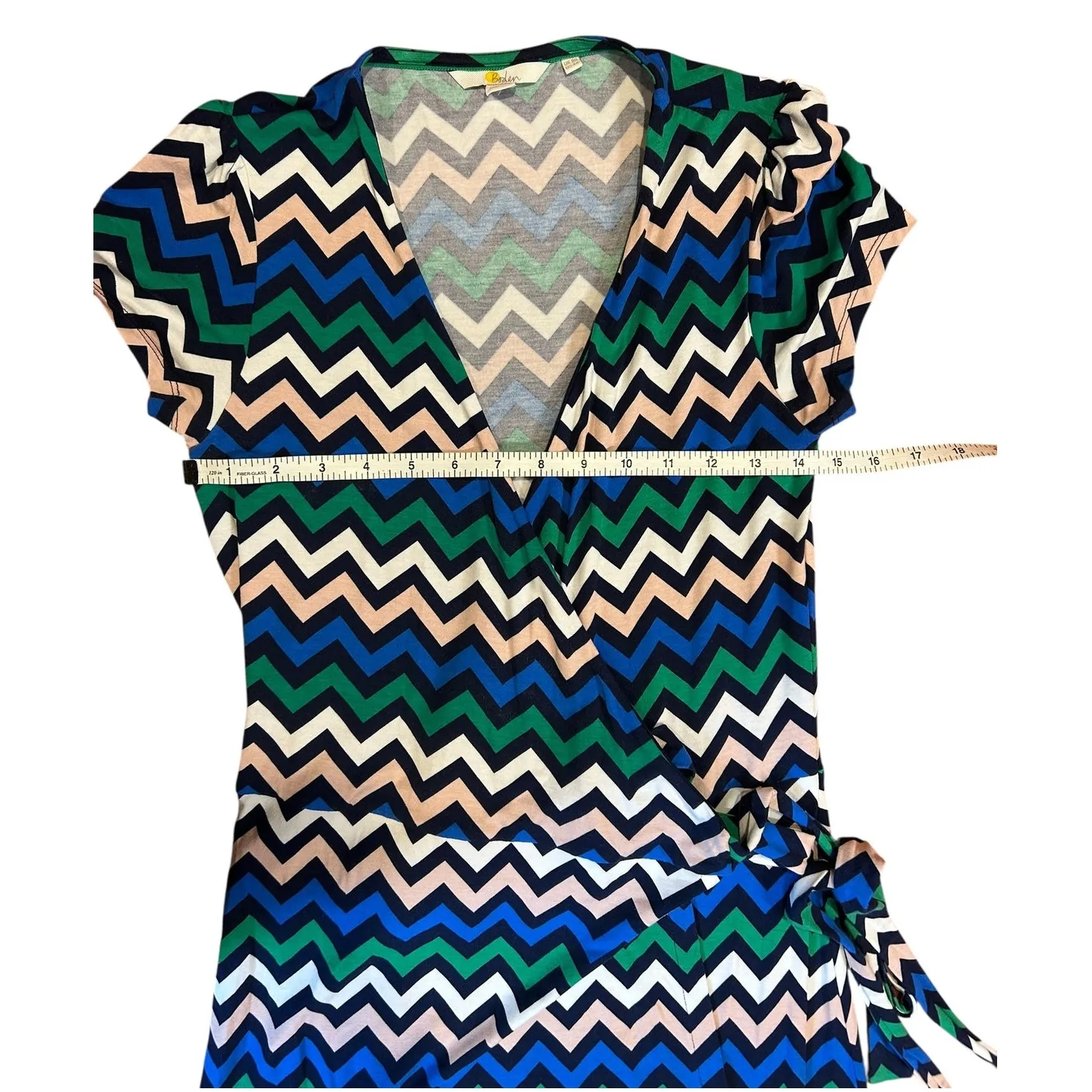 BODEN Women's Wrap Dress Size UK 8 US 4 Navy Blue Green Chevron Jersey Knee - Image 4