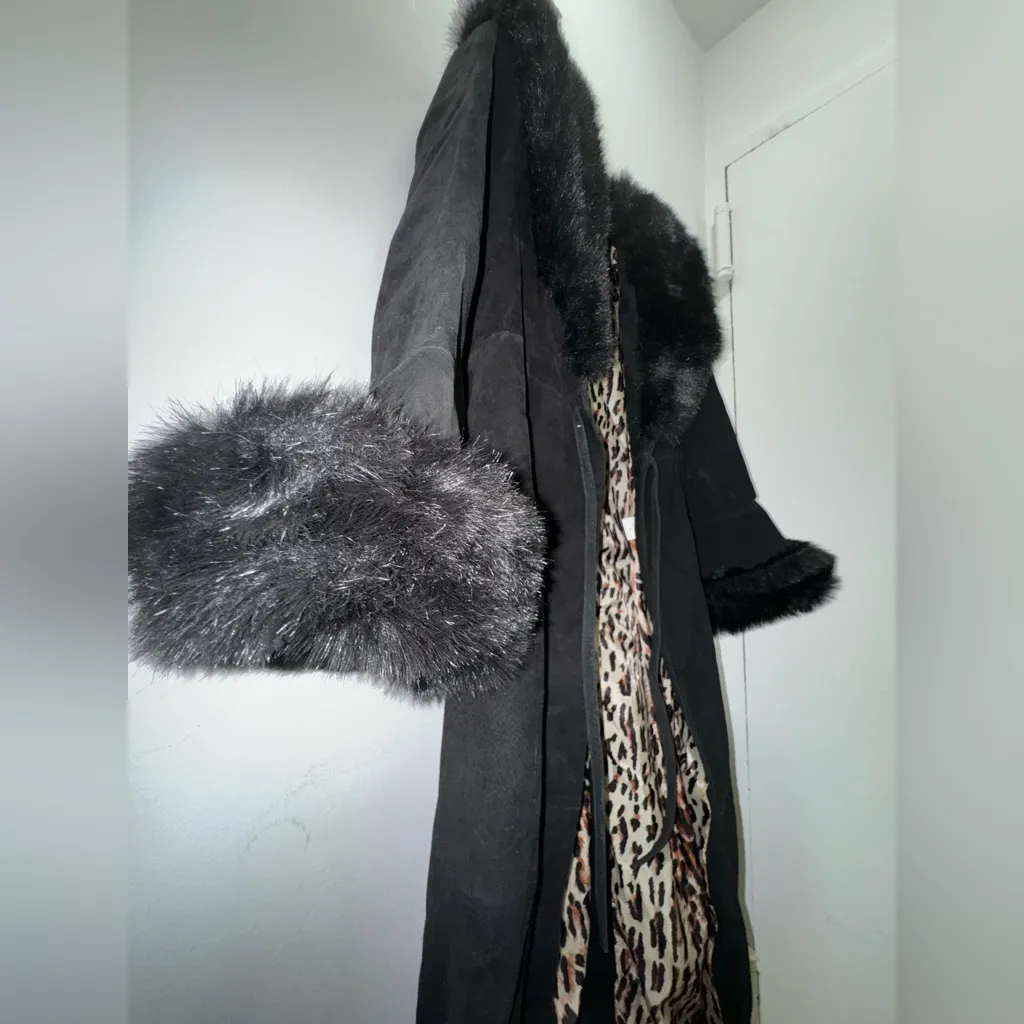 Vintage Y2K Moda International Black Suede Long Coat Penny Lane Afghan Medium - Image 5