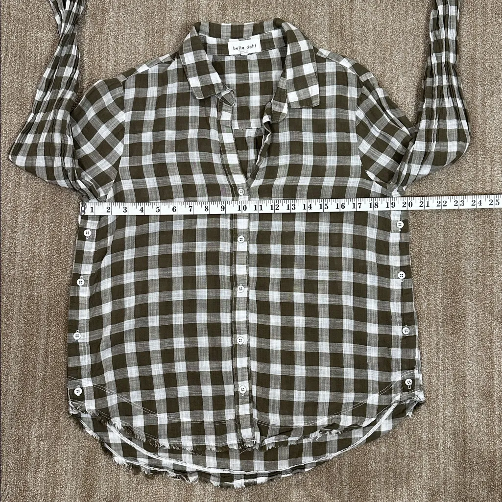Bella Dahl Cotton Olive Green White Plaid Checkered Button Down Women Top Medium - Image 3