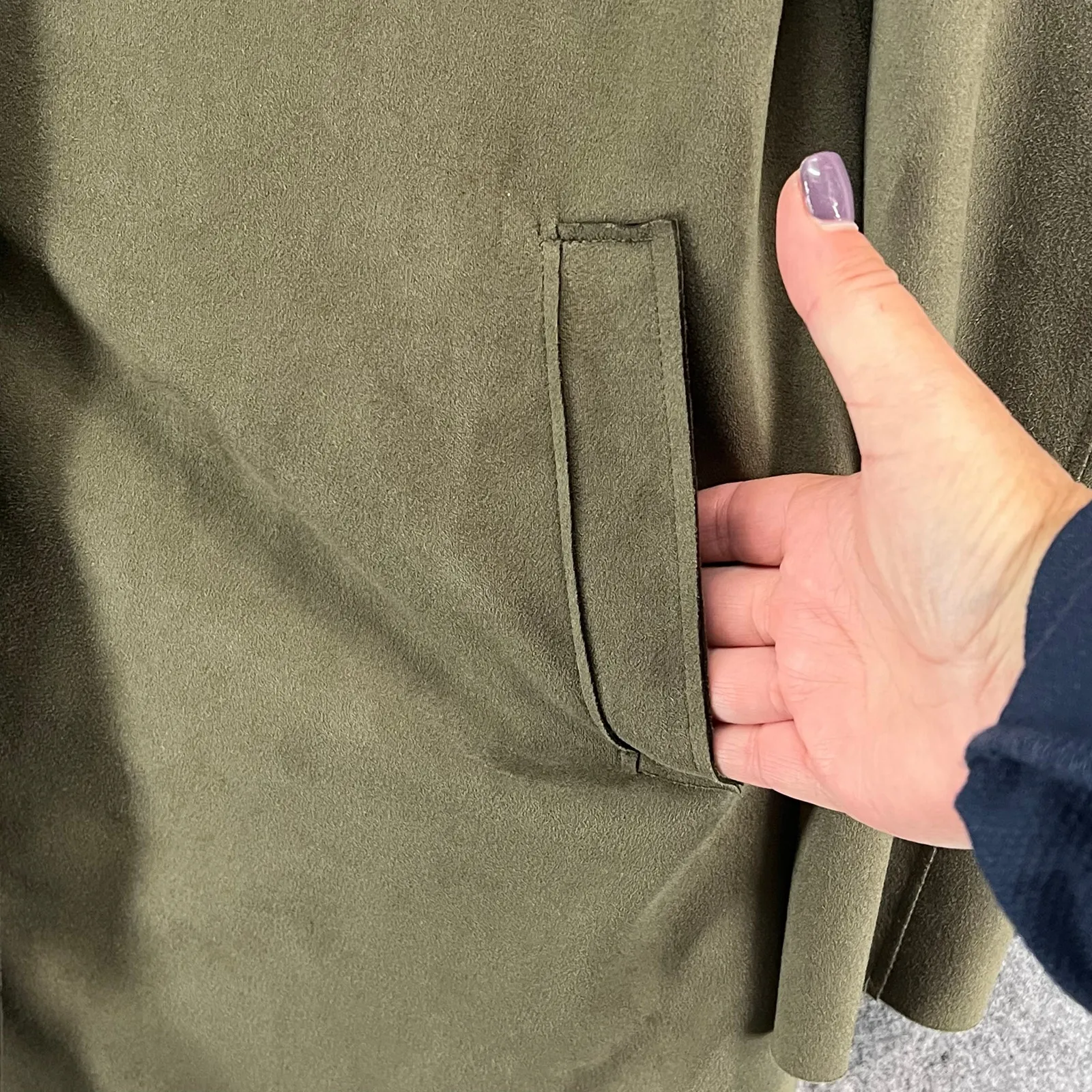 Carolina Belle Long Blazer Jacket Women M Olive Green Faux Suede Snap Minimalist - Image 6