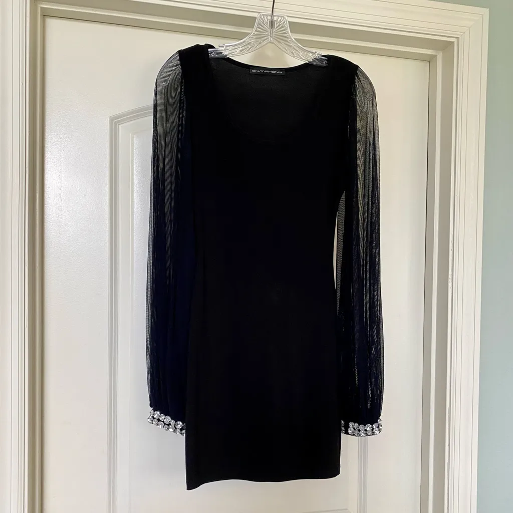 SYMPHONY - Black Bodycon Dress with Mesh Sleeves and Crystal Wrist Detail! - Image 6