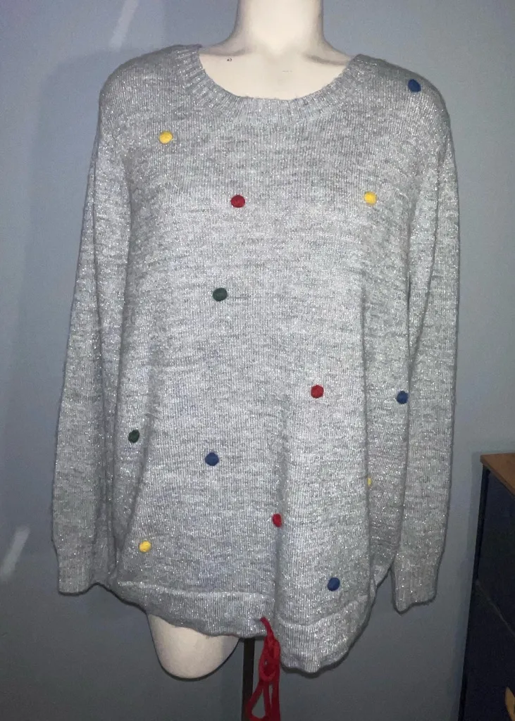 CHRISTOPHER AND BANKS Large Gray Sweater Dots Metallic Drawstring Waist top - Image 1