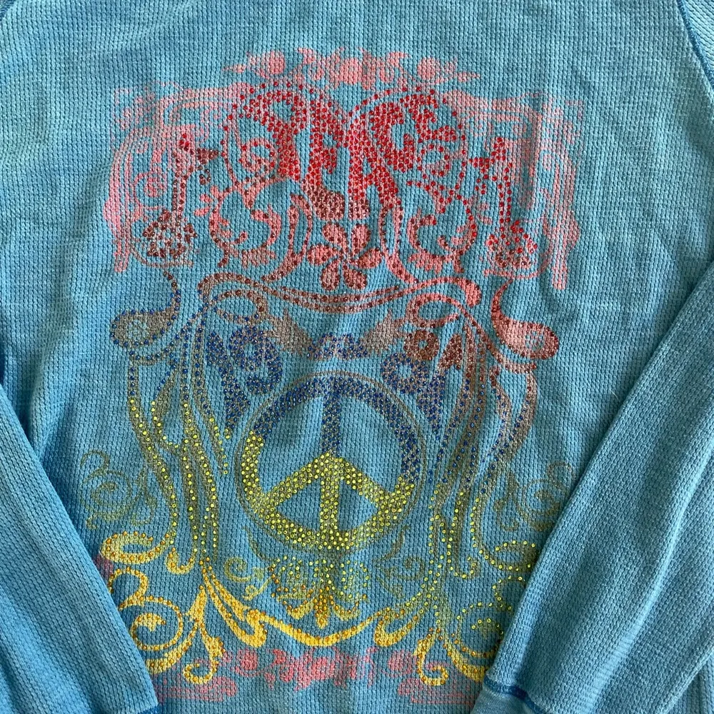 Sparkle Y2K Blue Long Sleeve PEACE Shirt Size M - Image 3