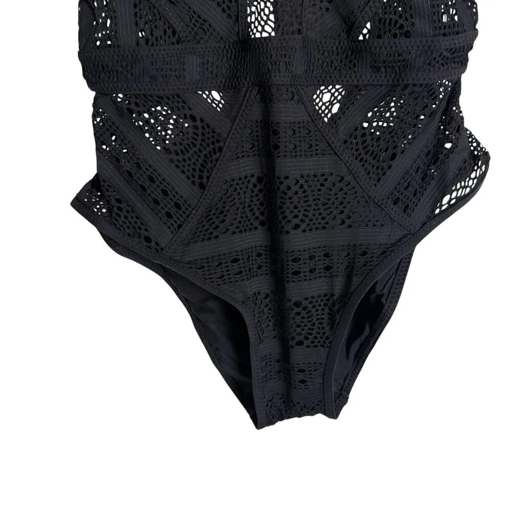 Becca Color Play Plunge Black Lace Open Back One Piece Swimsuit Size Medium - Image 7