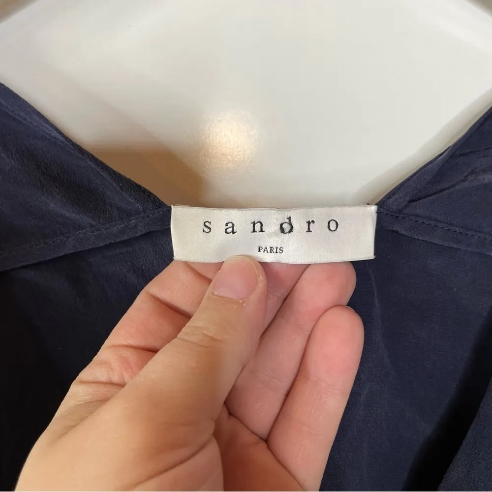 Sandro Silk Lace Up‎ Front Navy Blouse - Image 3