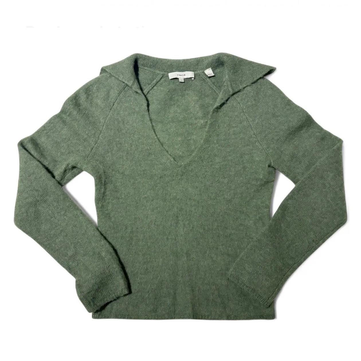 VINCE Alpaca Wool Blend Collared V Neck Long Sleeve Sweater XXS Sage Jade Green - Image 3