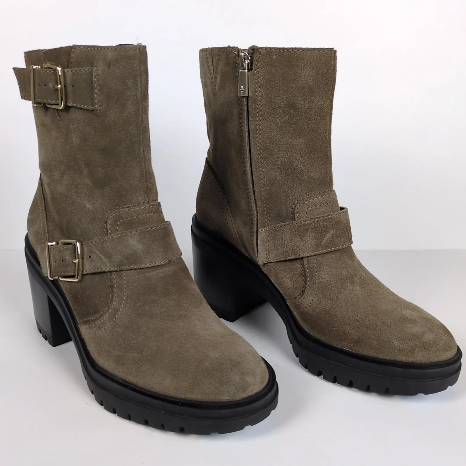 KENNETH COLE Rhode Heeled Boot Taupe Suede Leather Buckle Polar Grip Women's 10 - Image 2