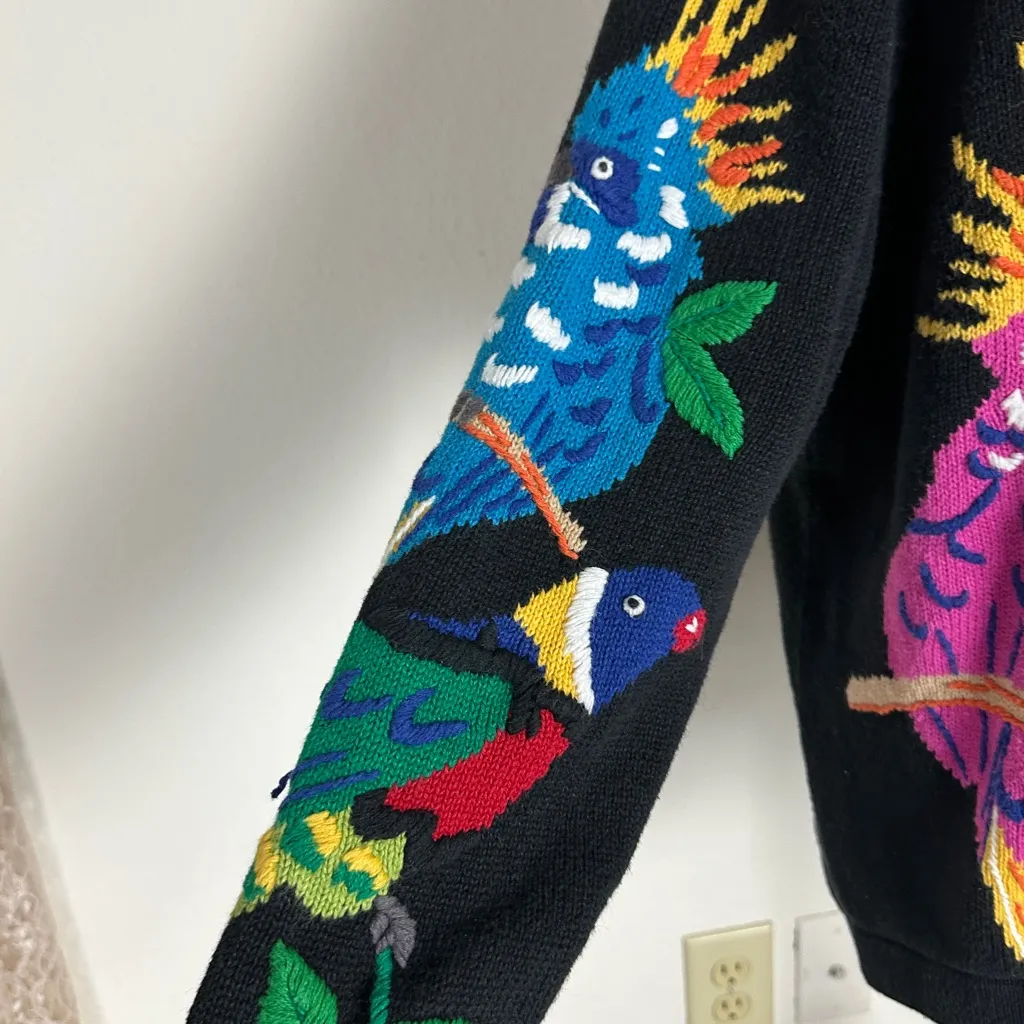 QUAKER FACTORY Vintage Black Parrot Sweater Cardigan Size 1X - Image 3