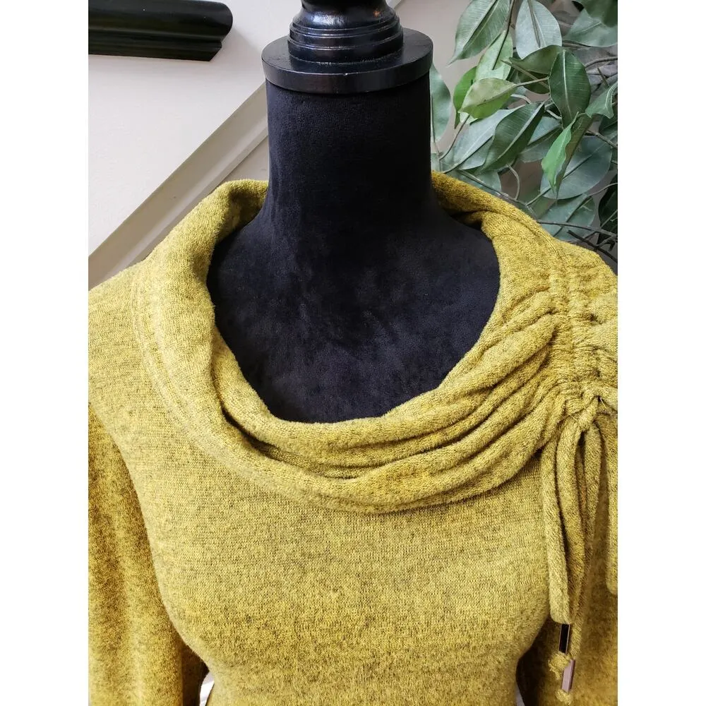 Coco Bianco Sweater Women's XL Yellow Knit Cowl Neck Asymmetrical Slit Hem - Image 9