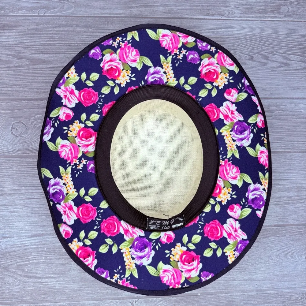 EMG sombrero hat woven floral fabric beach hat cute summer accessory hat sun hat Blue - Image 6