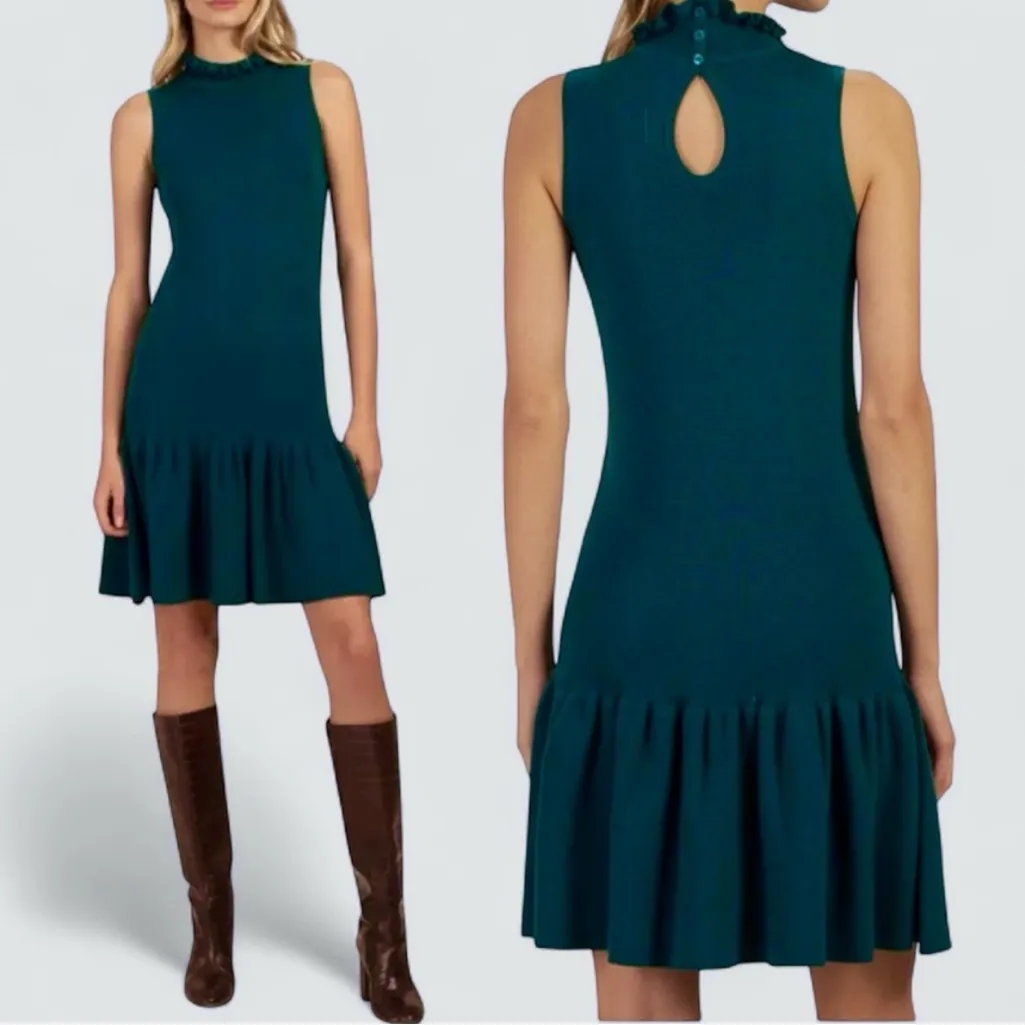 TRINA TURK Raya Merino Wool Ruffle Sleeveless Drop Hem Dress in Teal Size M - Image 2