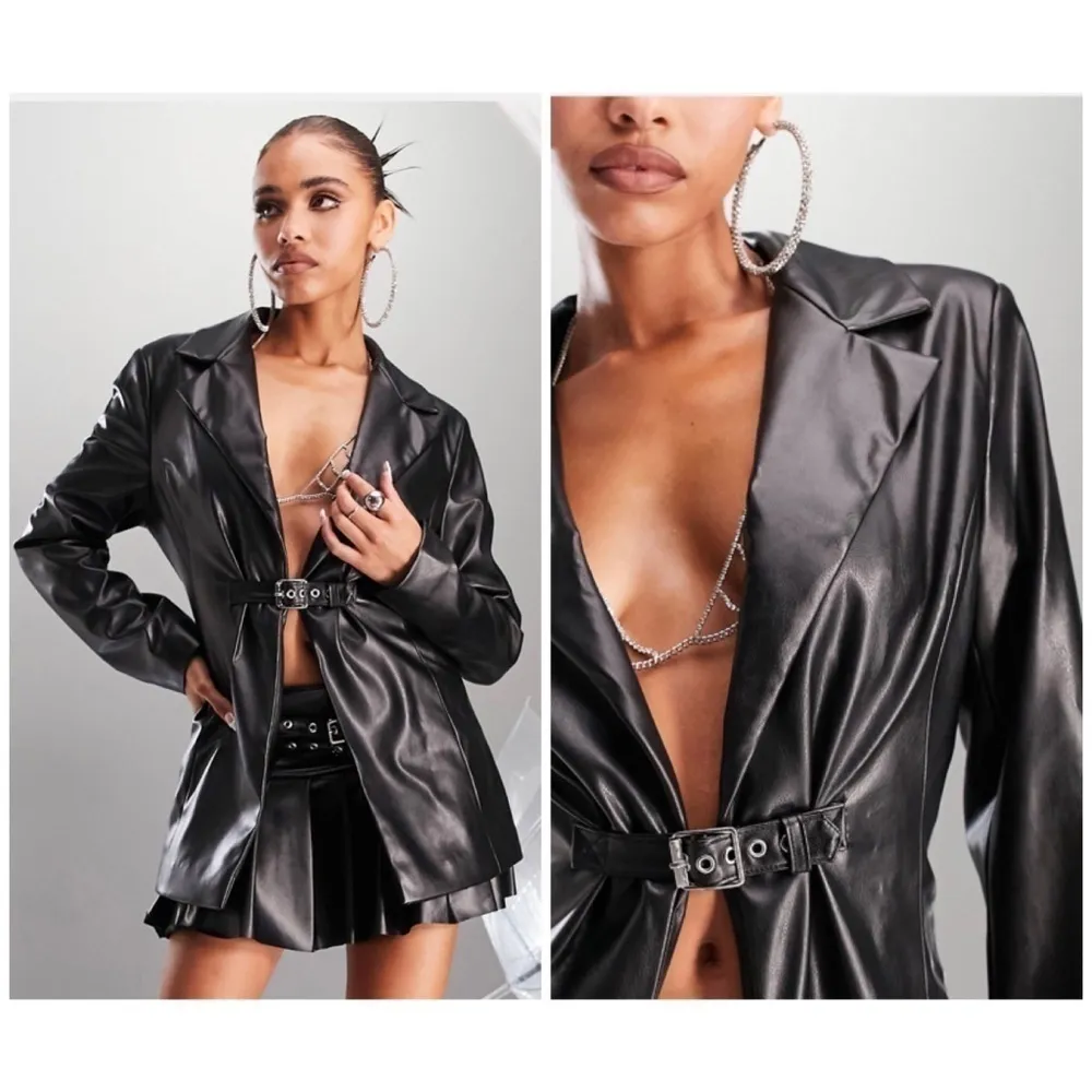 ASOS ASYOU Black Faux Leather Buckle Detail Cinched Waist Blazer Jacket Size 10 - Image 2