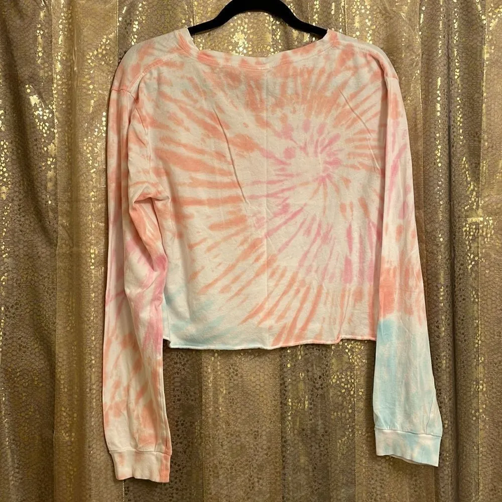 PINK Victorias Secret long sleeve tie dye pink/orange/blue logo cropped shirt, S - Image 4