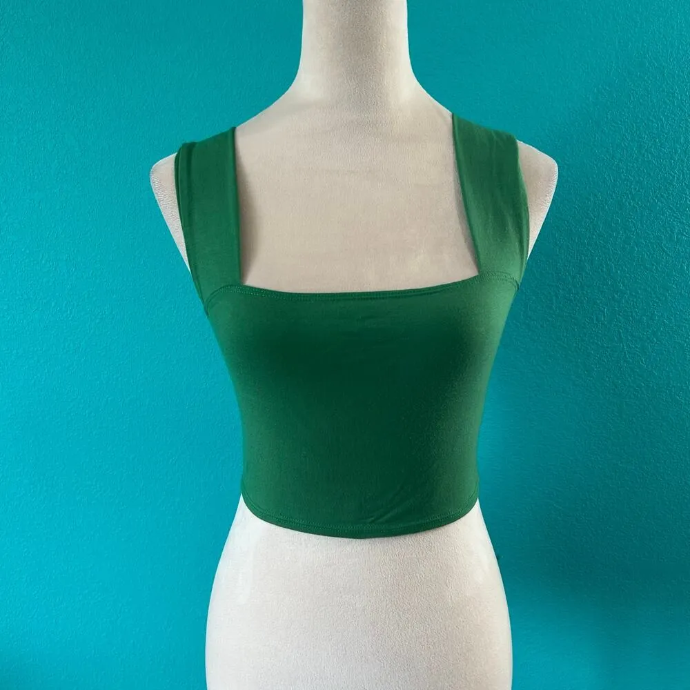 Reformation Green Tencel Square Neck Wide Strap Cropped Tank Top Shell Size S - Image 2