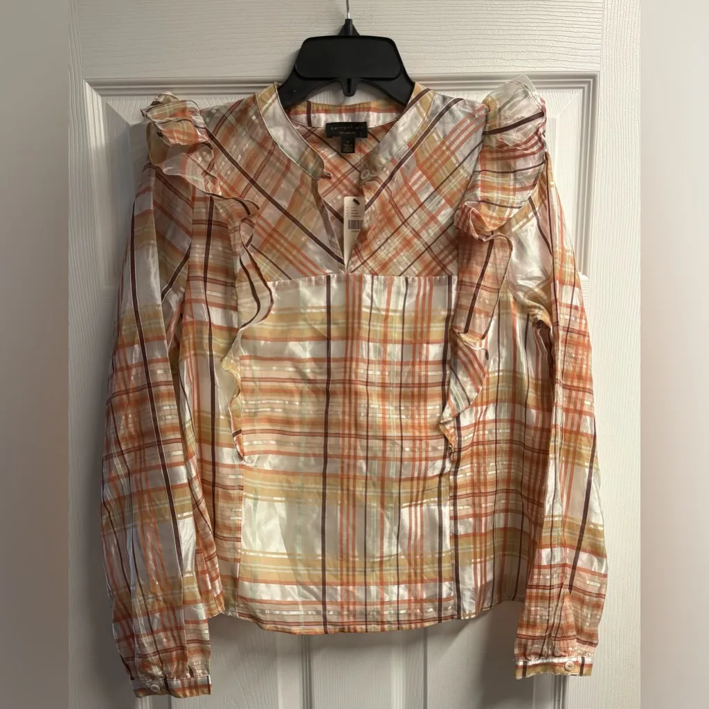 NWT Current Air Anthropologie Polly Organza Plaid Ruffle Yoke Blouse Size Small - Image 3