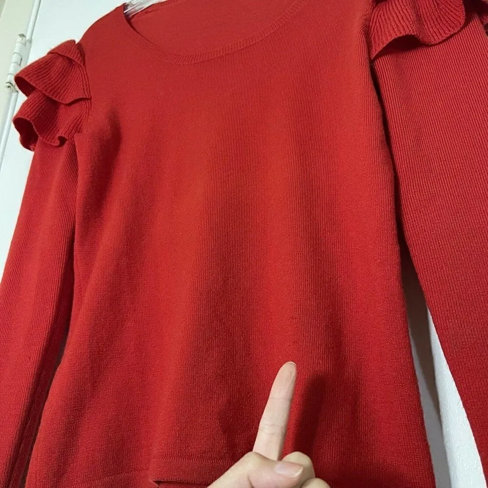 Badgley Mischka Red Wool knit ruffle sleeve detail round neck sweater size small - Image 3