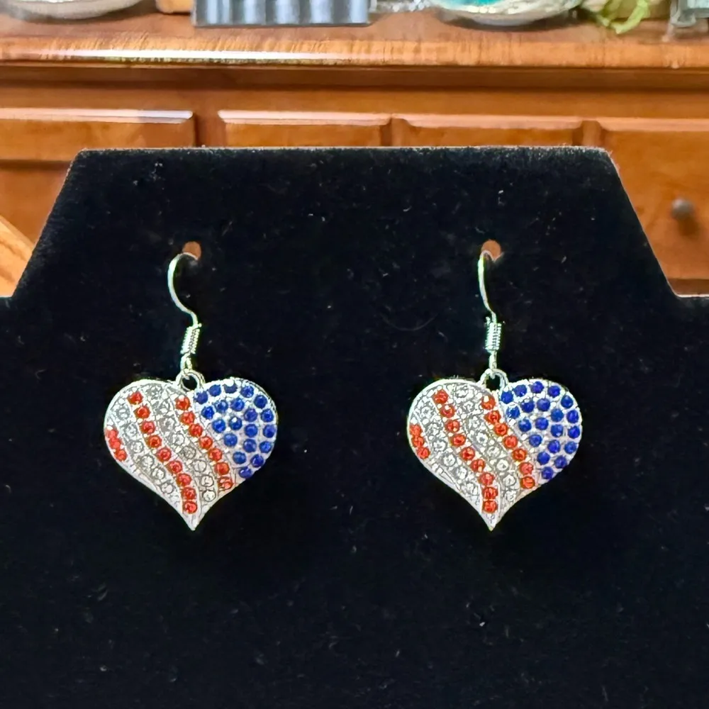 Patriotic Heart Dangle Earrings Red White Blue Rhinestones - Image 2