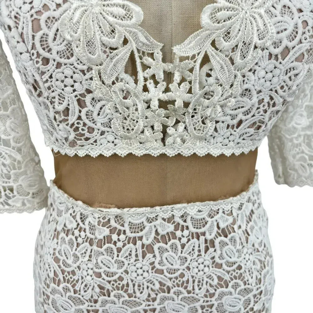 Hello Molly White Lace Crochet Illusion Cutout Mini‎ Bodycon Dress Size 8 - Image 3