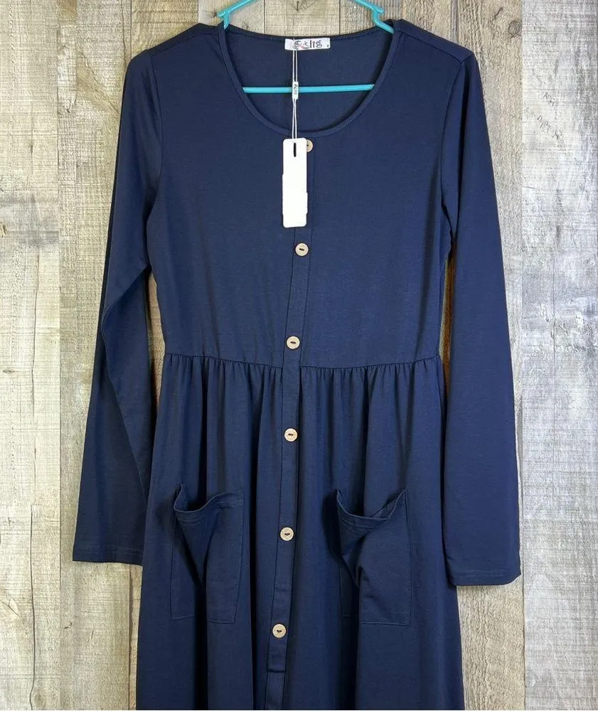 Slig Navy Blue Medium Scoopneck Faux Button Front Pullover Dress - Image 3