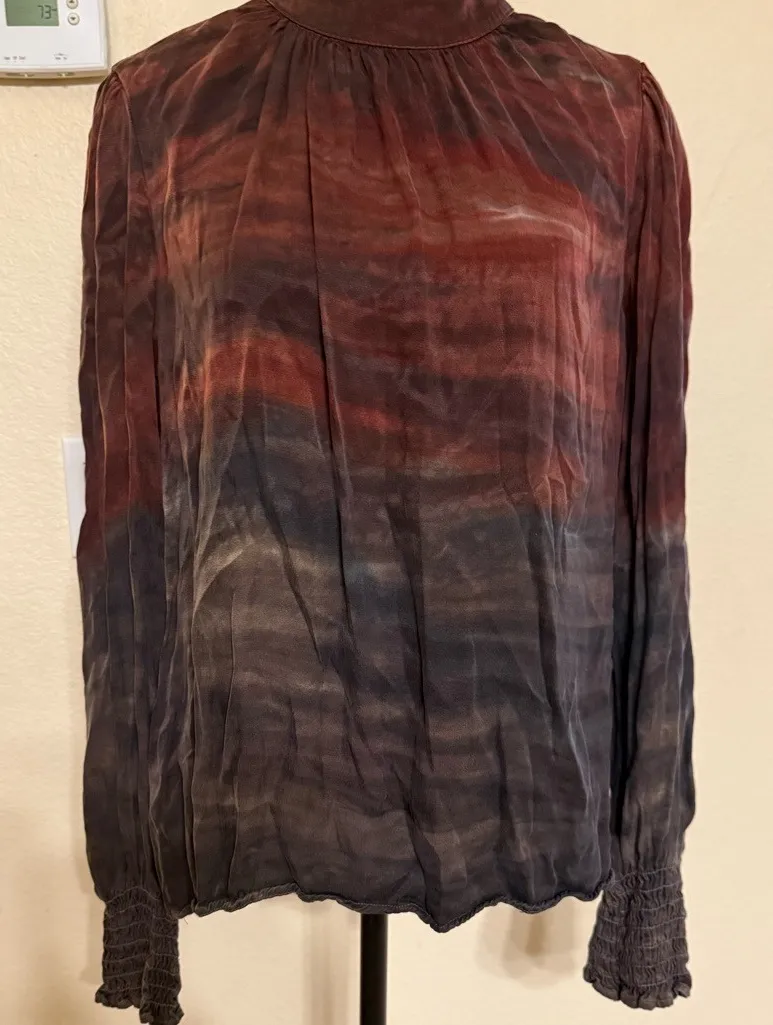 Bella Dahl Top Mock Neck Smocked Cuff Top Wild Berry Size Medium Long Sleeve - Image 1