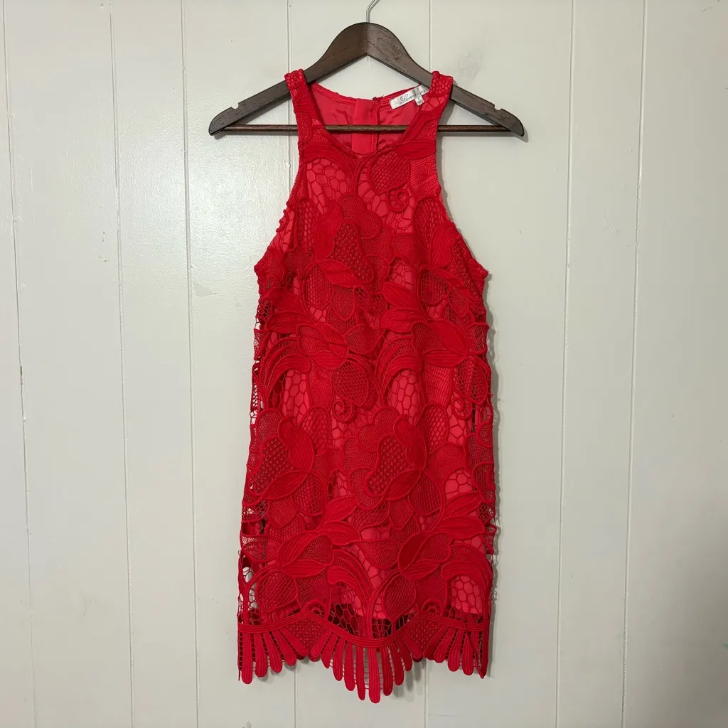 Lovers + Friends Casplan Red Lace Shift Dress Size S Floral Crochet Overlay - Image 3
