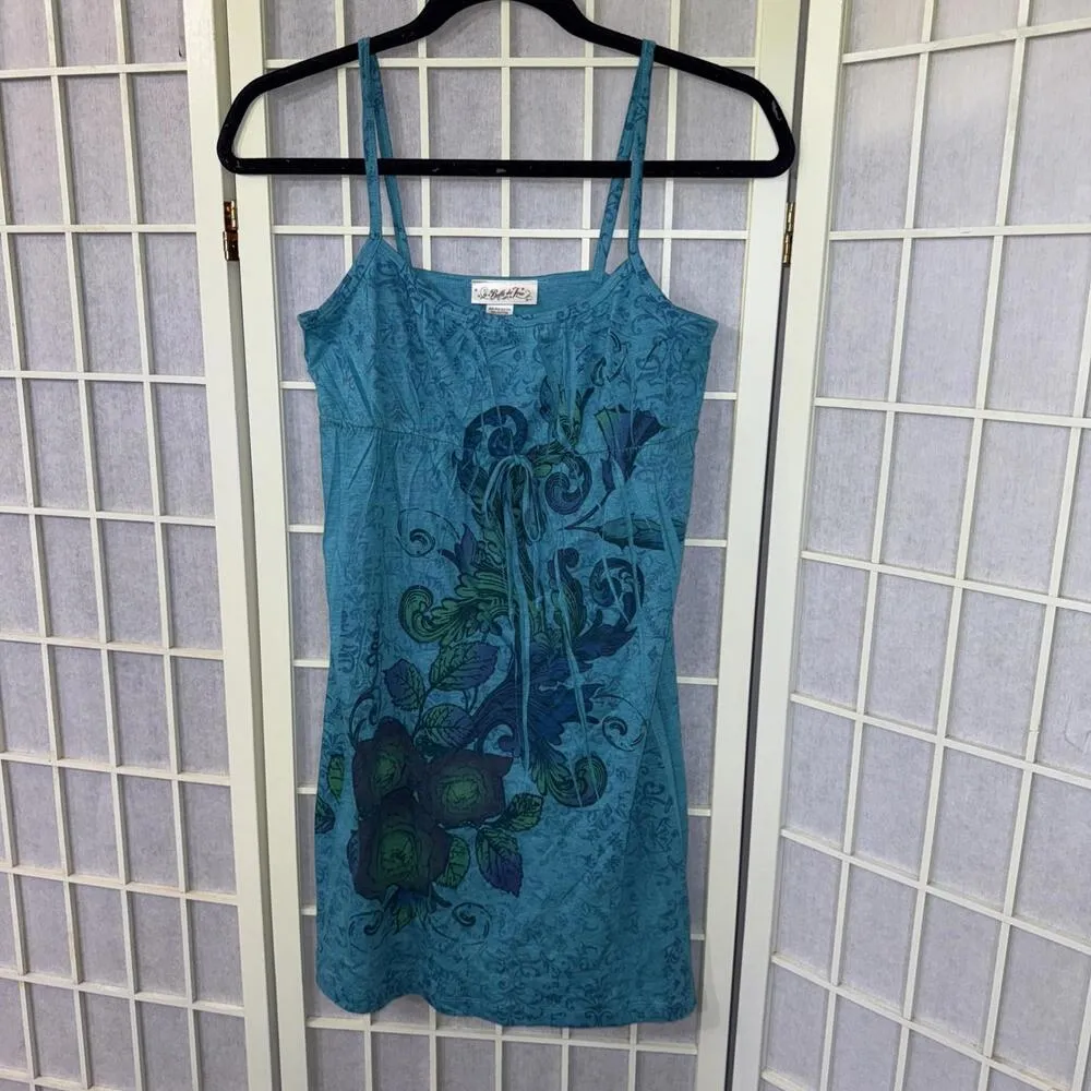 Belle du Jour Tank Floral Blue Paisley Babydoll Spaghetti Strap Y2K Mini Dress S - Image 4