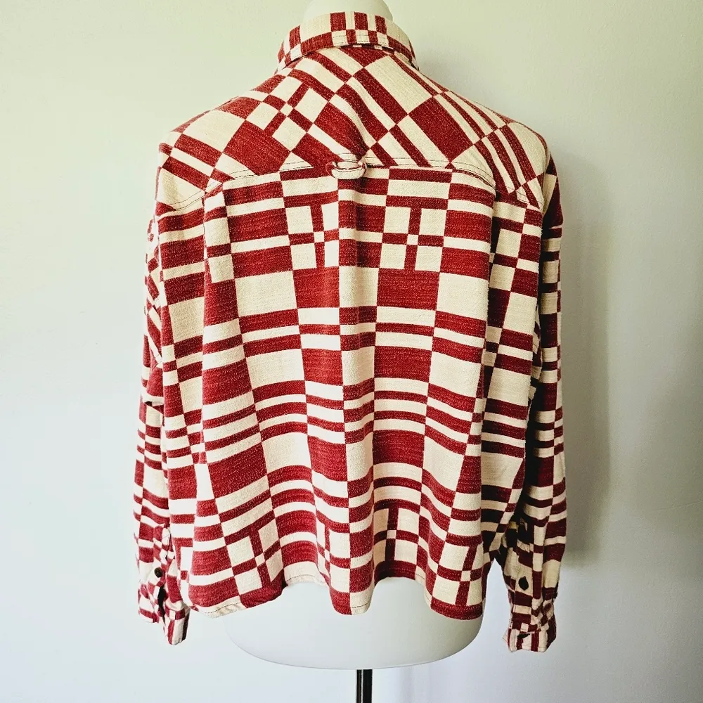 UO BDG Caleb Red & White Loose Boxy Fit Cropped Flannel Shirt Size Small - Image 6