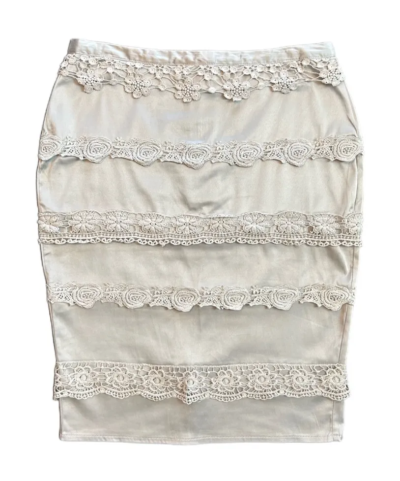 ⭐️Downeast basics silver satin pencil skirt with crochet lace size medium - Image 1