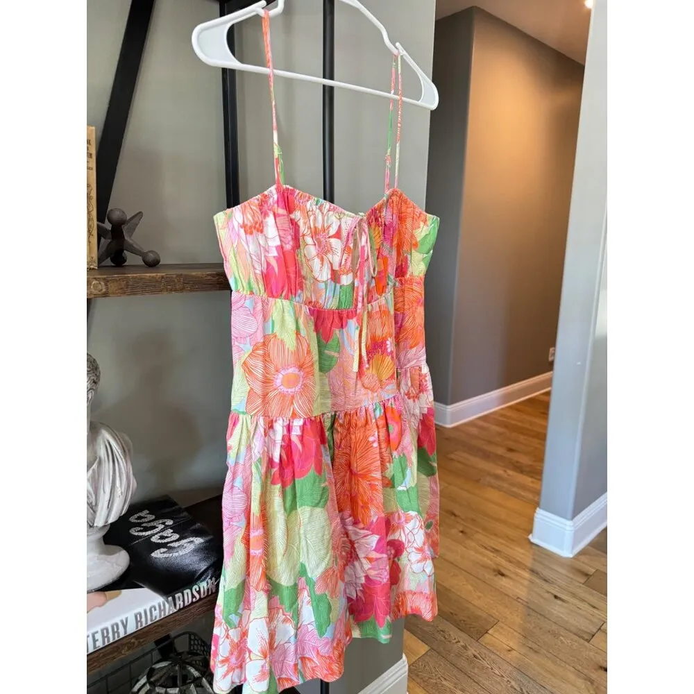 Amur Eriel Linen Blend Mini Dress Stripe Tropical Floral Womens Size 4 Pink - Image 9