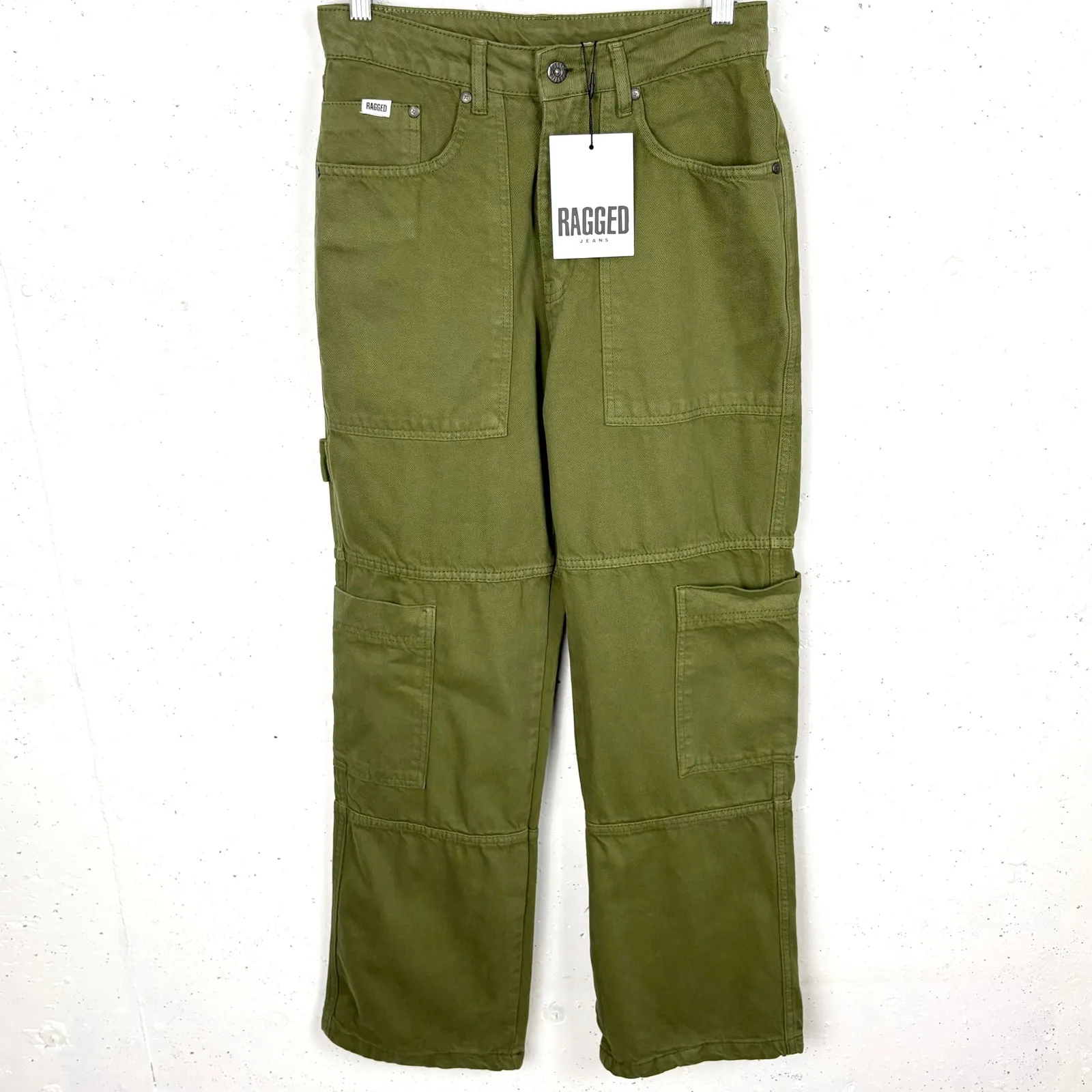 Ragged Priest Combat Jeans Green Khaki Denim High Rise Organic Cotton Cargo 28 - Image 4