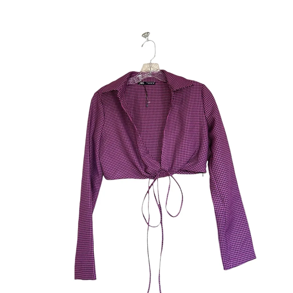 NWOT ZARA Houndstooth Long Sleeve Wrap Crop Polo Top 3067/477/032 - Image 4