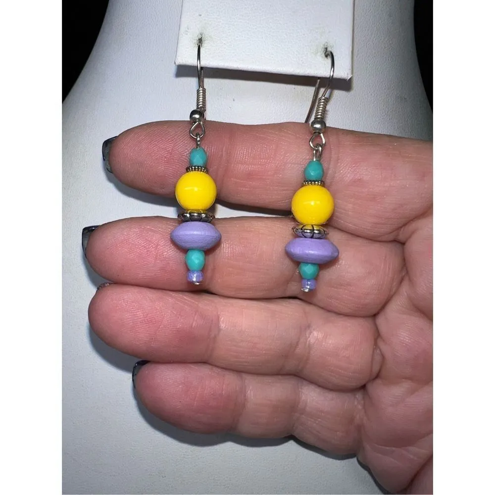 Pastel‎ Wooden Bead dainty Dangle Earrings Yellow - Image 3