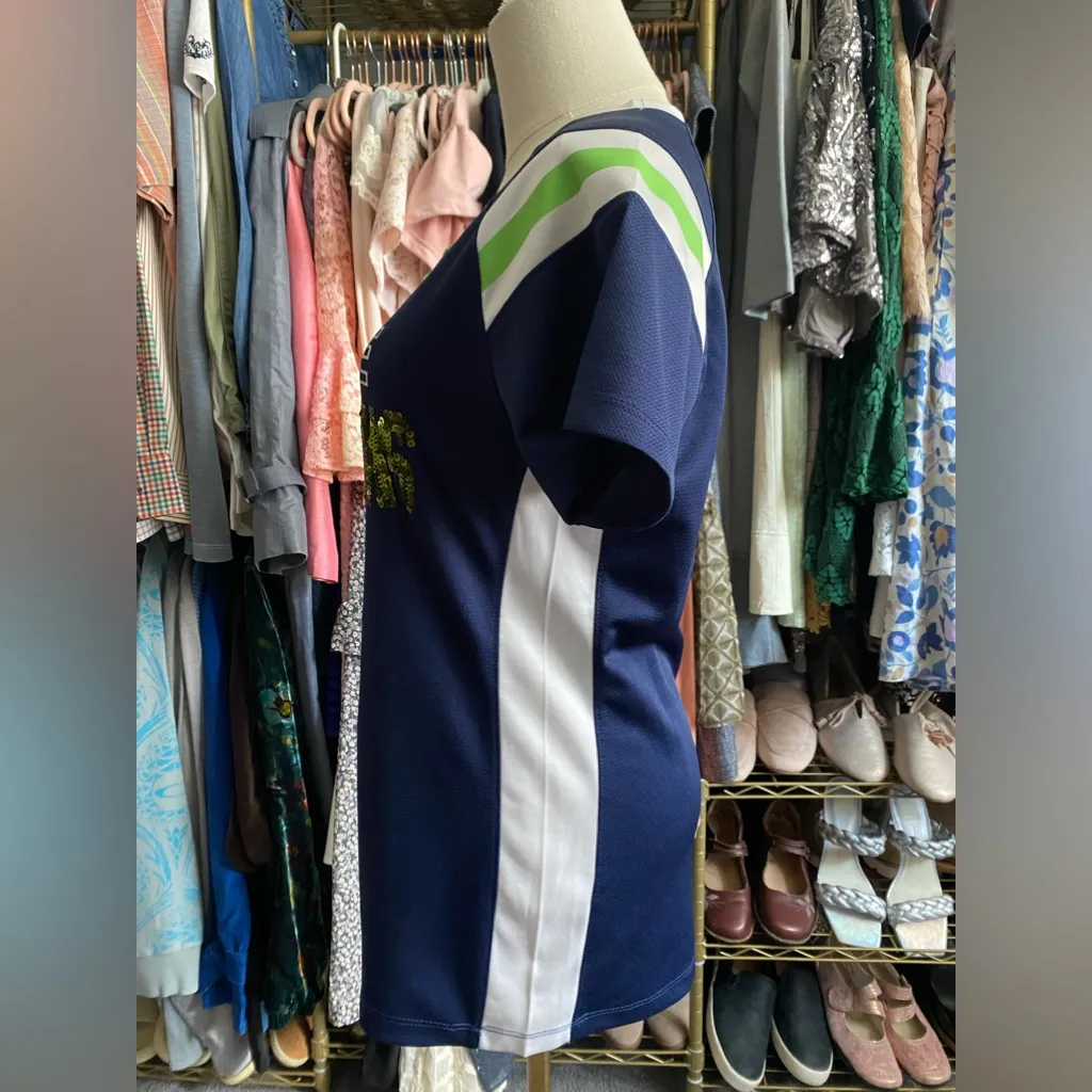 Seattle Seahawks Jersey-style lace-up neckline top. SEAHAWKS in green sequins. - Image 2
