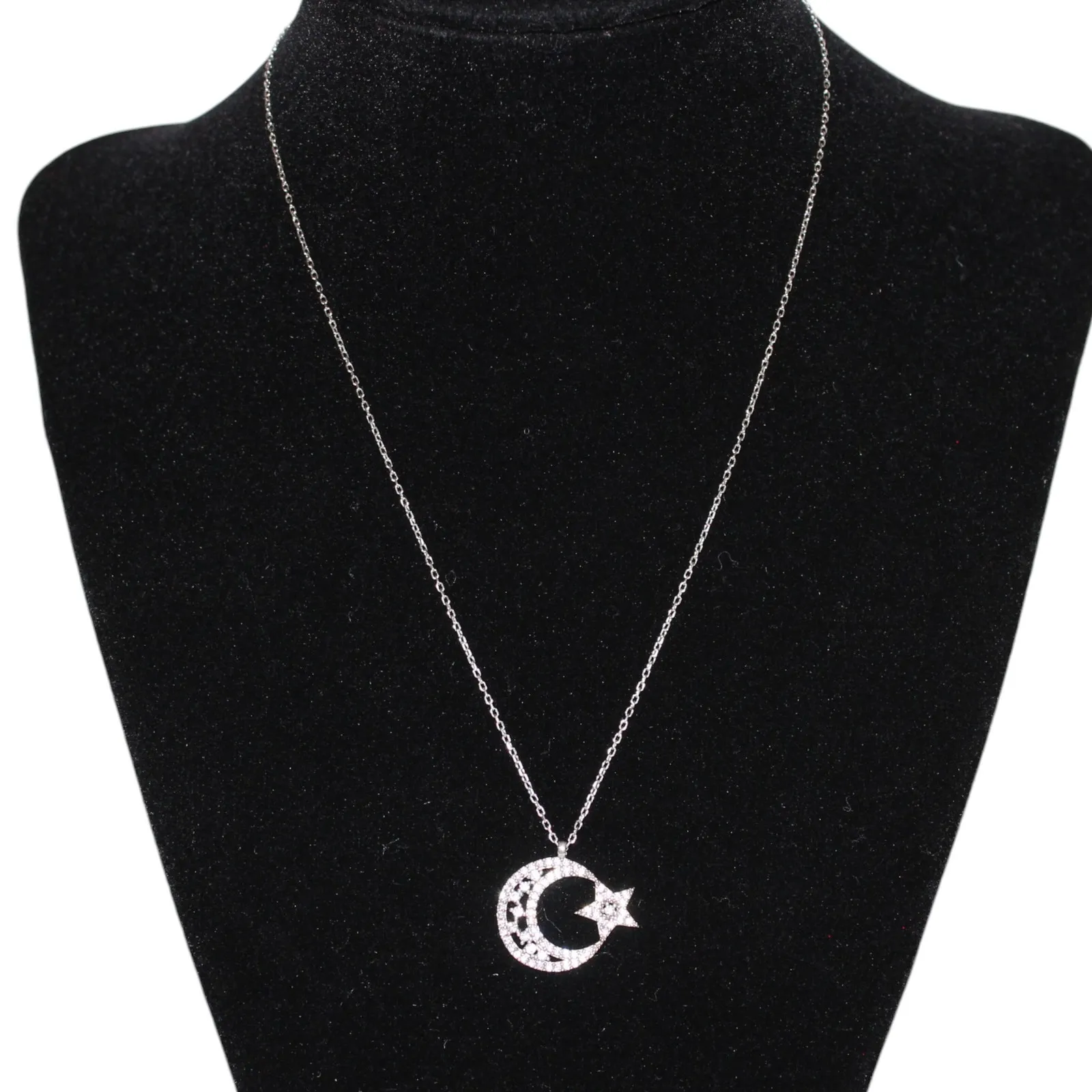 Brilliant Crystal 925 Sterling Silver Moon & Star Necklace Turkish Flag - Image 3