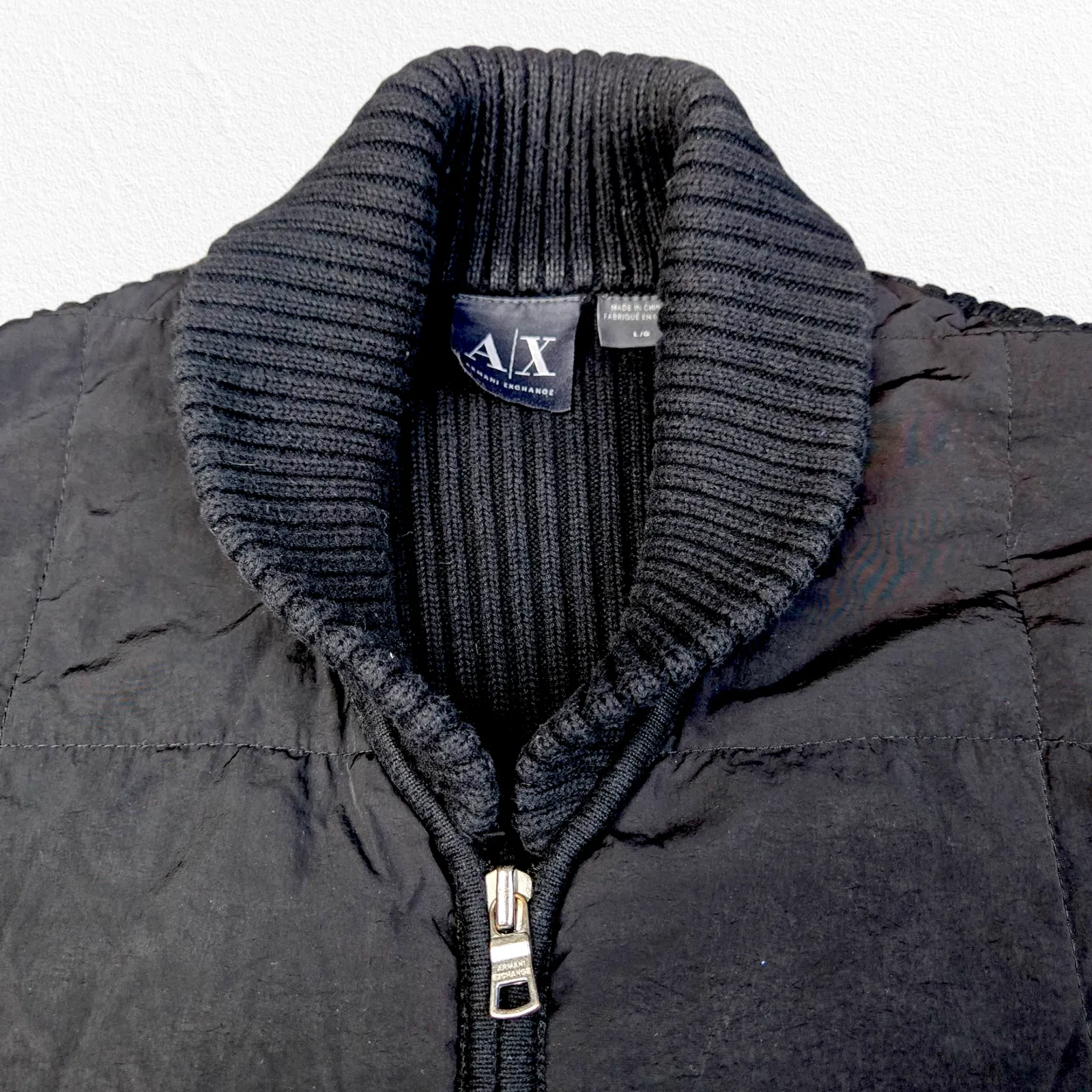Armani Exchange Black Ribbed Knit Double Zipper Puffer Front Jacket Size Large - Image 8