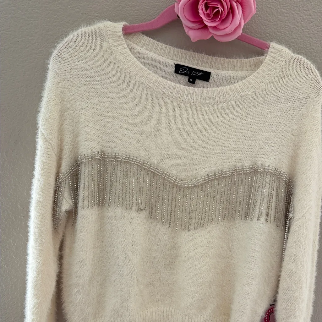 Elegant Cream Sweater with Fringe by White - Image 2